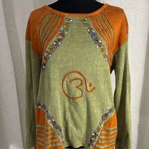 Bohemian Olive and Orange Hand Painted Women's Top